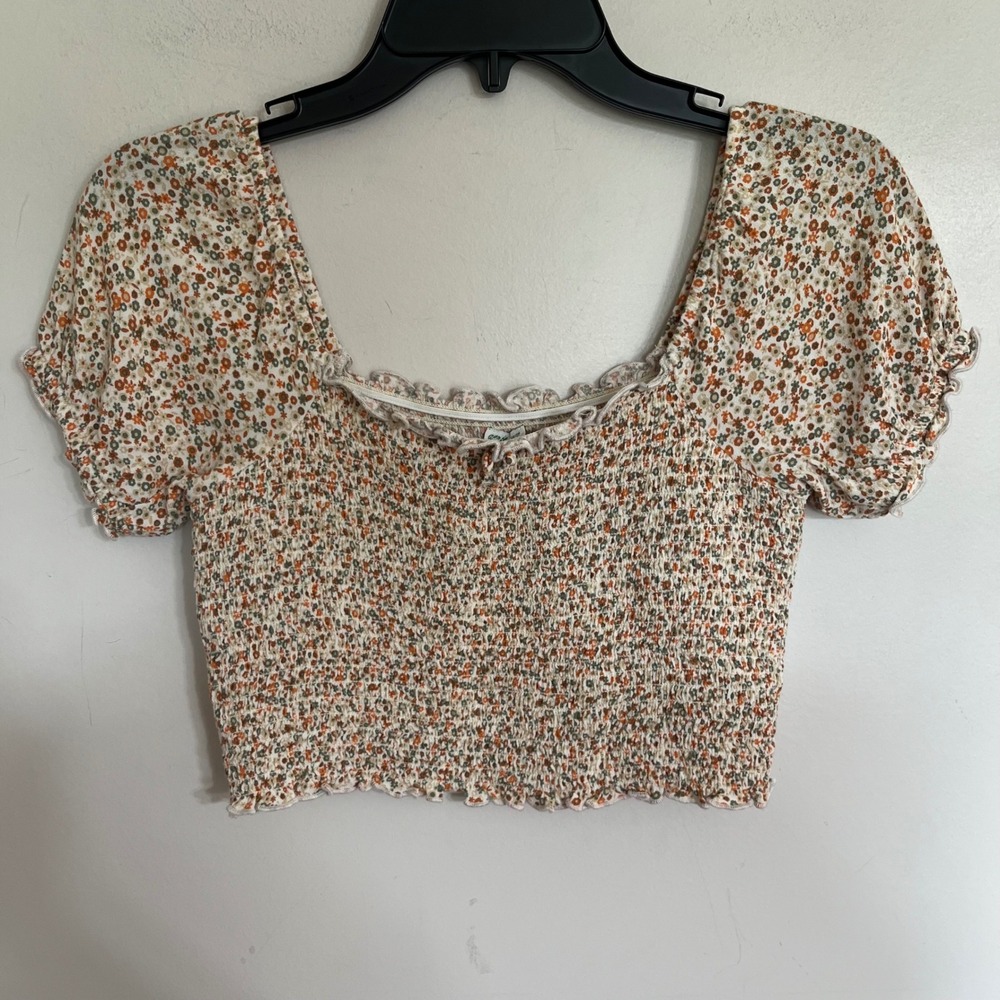 Aerie Womens XS Smocked Floral Crop Top Short Puff Sleeve Square Neck Orange Grn